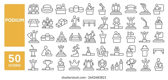 Set of 50 line icons related to podium, lectern, winner, award, speech, presentation, champion, Editable stroke. Vector illustration