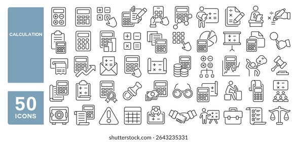 Conjunto de 50 ícones de linha relacionados a cálculo, contador, matemática, análise, finanças, contagem, calculadora, curso editável. Ilustração vetorial