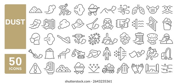 Set of 50 line icons related to dust, odor, smoke, sand, dusting, allergen, dust cleaning, Editable stroke. Vector illustration