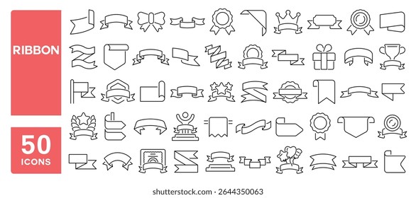 Set of 50 line icons related to ribbon, bow, gift, badge, award, decorative, ribbons, Editable stroke. Vector illustration