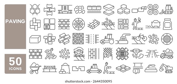 Set of 50 line icons related to paving, paver block, pavement, sidewalk, footpath, paver brick, Editable stroke. Vector illustration