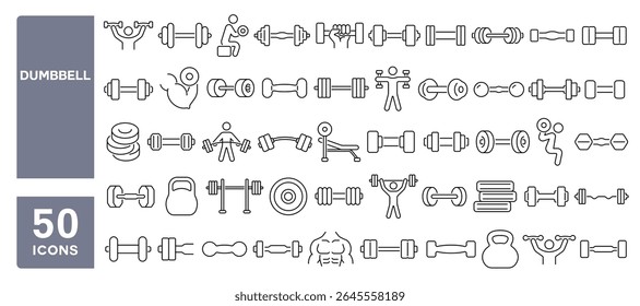 Set of 50 line icons related to dumbbell, barbell, bodybuilding, exercise, weight lift, weight dumbbells, Editable stroke. Vector illustration