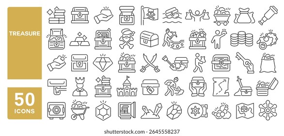 Conjunto de 50 ícones de linha relacionados ao tesouro, peito, dinheiro, ouro, caixa, joias, caça ao tesouro, AVC editável. Ilustração vetorial