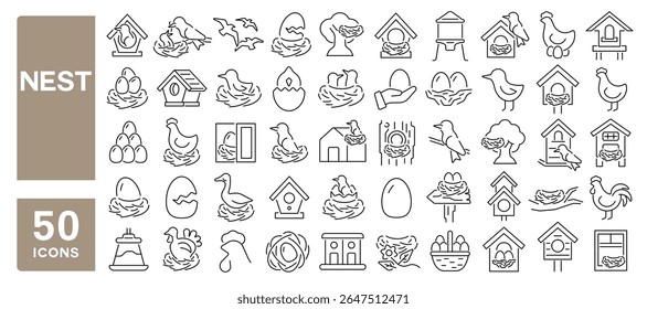 Set of 50 line icons related to nest, bird, eggs, birdhouse, birds, nesting box, Editable stroke. Vector illustration