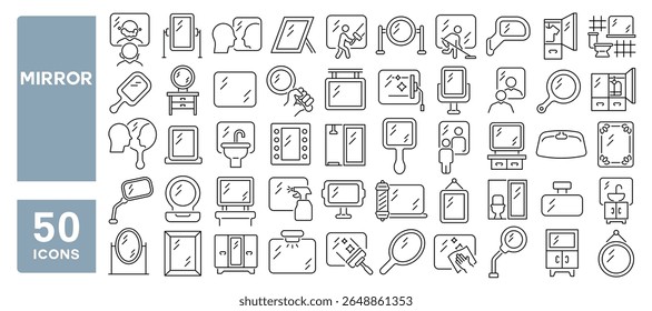 Set of 50 line icons related to mirror, reflection, shiny, frame, glass, hand mirror, Editable stroke. Vector illustration