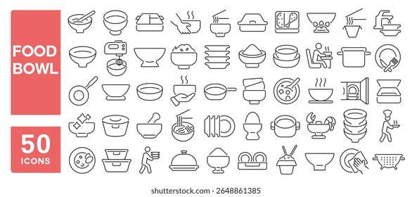Conjunto de 50 ícones de linha relacionados a tigela de comida, pote, utensílios de mesa, prato, prato, tigela, golpe editável. Ilustração vetorial