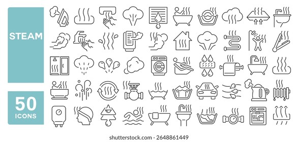 Conjunto de 50 ícones de linha relacionados a vapor, quente, umidade, quente, névoa, vapor de água, curso editável. Ilustração vetorial