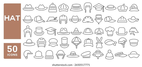 Conjunto de 50 ícones de linha relacionados com chapéu, boné, boina, fedora, trilby, chapéu casual, golpe editável. Ilustração vetorial