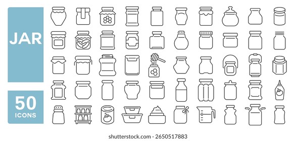 Conjunto de 50 ícones de linha relacionados a jarra, vidro, conservar, geleia, mel, jarra de vidro, traço editável. Ilustração vetorial