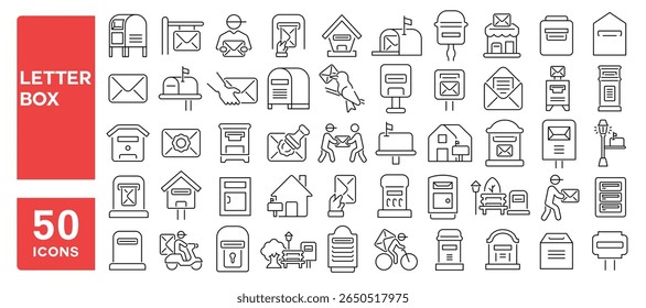 Set of 50 line icons related to letter box, mailbox, postal box, postbox, mailing, postage, Editable stroke. Vector illustration