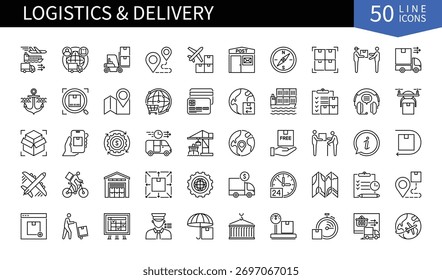 Set of 50 line icons related to Logistics and Delivery. Containing planning, distribution, route, freight, transportation, supply chain, cargo and more. Pictograms for web, mobile app and infographics