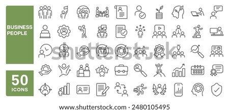 Set of 50 line icons related to business people, management, employees, cooperation, meeting, Editable stroke. Vector illustration