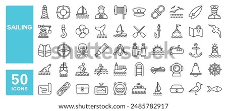 Set of 50 line icons related to sailing, sea travel, nautical, boat, water transport, marine, water sport, Editable stroke. Vector illustration