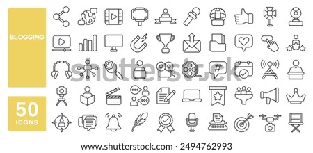 Set of 50 line icons related to blogging, content creation, influencer, vlogger, media, blogger, Editable stroke. Vector illustration