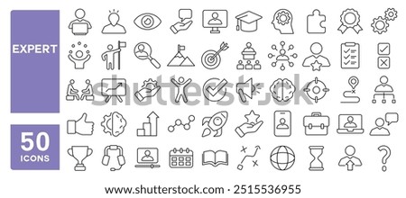 Set of 50 line icons related to expert, expertise, experience, knowledge, skill, specialist, competence, professional, manage, Editable stroke. Vector illustration