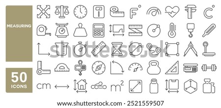 Set of 50 line icons related to measuring, measure, measurement, scale, ruler, size, dimension, temperature, length, width, height, volume, scales, Editable stroke. Vector illustration