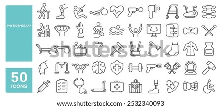 Set of 50 line icons related to physiotherapy, physical, training, exercise, body, chiropractic, rehabilitation, prosthetic, Editable stroke. Vector illustration