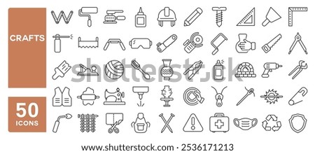 Set of 50 line icons related to crafts, diy, handicraft, made, tools, supplies, craft, decoupage, material, Editable stroke. Vector illustration