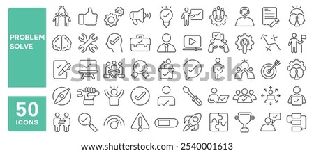 Set of 50 line icons related to problem solve, solution, answer, issue, suggestion, result, experiment, key, idea, Editable stroke. Vector illustration