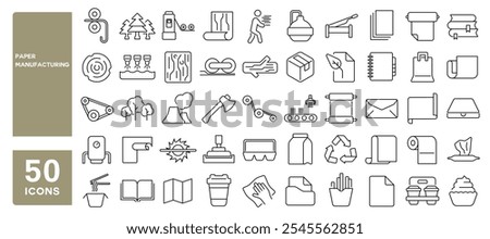 Set of 50 line icons related to paper manufacturing, production, box, machine, roll, wood, glossy, process, food package, sheet, Editable stroke. Vector illustration