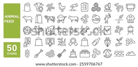 Set of 50 line icons related to animal feed, farmyard, feed production, corn, pellet, seeds, bulk, fodder, Editable stroke. Vector illustration