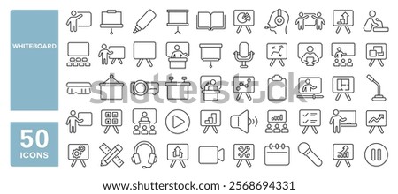 Set of 50 line icons related to whiteboard, board, clipboard, analysis, report, statistics, presentation, marker, projector, diagram, monitor, Editable stroke. Vector illustration