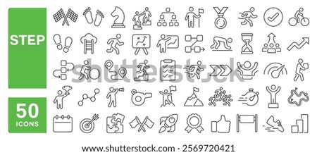 Set of 50 line icons related to step, walk, run, footprint, climb, foot, flow, timeline, plan, toward, up, success, arrive, stair, Editable stroke. Vector illustration