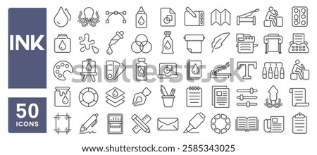 Set of 50 line icons related to ink, quill, swatch, write, design, font, print, pen, color, art, draw, palette, feather, Editable stroke. Vector illustration