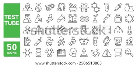 Set of 50 line icons related to test tube, beaker, flask, glassware, lab, chemistry, science, drop, liquid, analysis, jar, glass, bottle, reaction, Editable stroke. Vector illustration