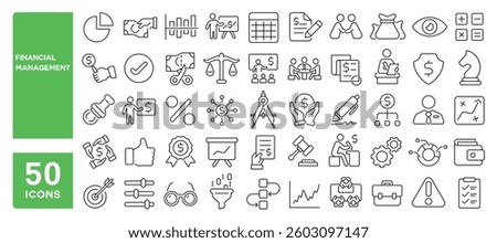 Set of 50 line icons related to financial management, business accounting, audit, supervision, cost, company tax, asset, advisory, regulation, inspection, report, Editable stroke. Vector illustration
