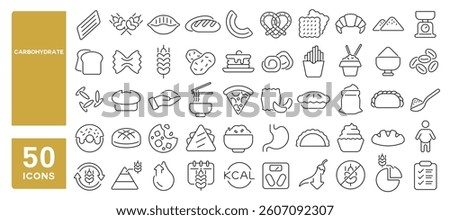Set of 50 line icons related to carbohydrate, whole grains, nutrition, wheat, rice, bread, pasta, gluten, flour, chips, carb, Editable stroke. Vector illustration