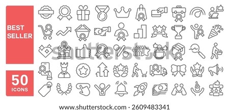 Set of 50 line icons related to best seller, recommended, profits, high quality, popular, customers choice, best choice, sales offer, Editable stroke. Vector illustration