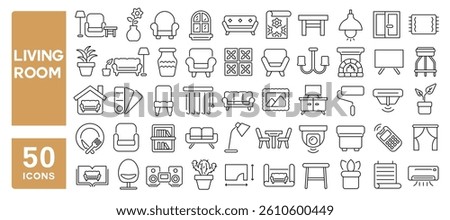 Set of 50 line icons related to living room, sofa, chair, table, decoration, interior, dining, furniture, devices, modern, couch, lounge, Editable stroke. Vector illustration