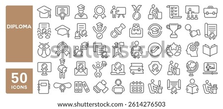 Set of 50 line icons related to diploma, academic, graduation, certification, qualification, education, degree, accreditation, award, attestation, Editable stroke. Vector illustration