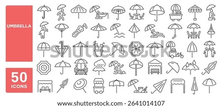 Set of 50 line icons related to umbrella, sun shade, beach, folding umbrella, rain umbrella, Editable stroke. Vector illustration