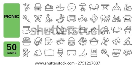 Set of 50 line icons related to picnic, picnic basket, park, gardens, sandwiches, side view table, picnic area, Editable stroke. Vector illustration