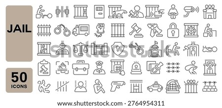 Set of 50 line icons related to jail, prison, criminal, gaol, punishment, jail door, prisoner, Editable stroke. Vector illustration