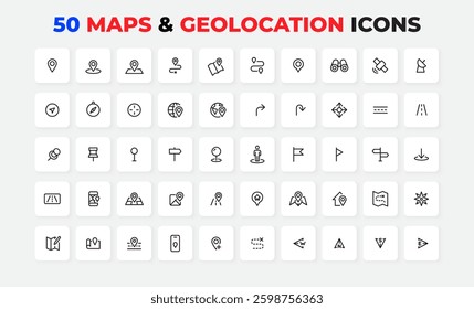 Set of 50 line icons representing maps, geolocation, and navigation. Perfect for applications, design projects, UI UX, and cartographic representations.