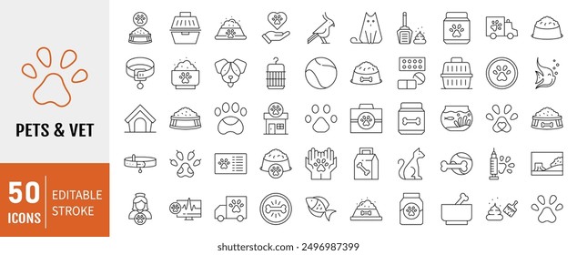 Set of 50 Line Pets and Vet icon. Editable Stroke