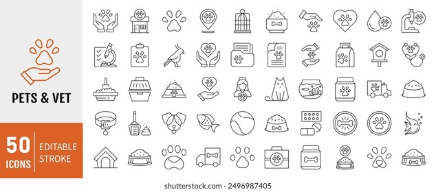 Set of 50 Line Pets and Vet icon. Editable Stroke