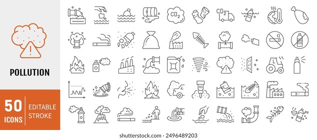 Set of 50 Line pollution icons set. editable stroke.