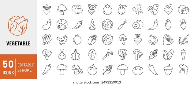 Set of 50 Line Vegetable icon. Editable stroke