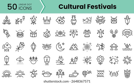 A set of 50 linear dot icons representing various cultural festivals, illustrating traditions through symbols like masks, flowers, drums, and more.