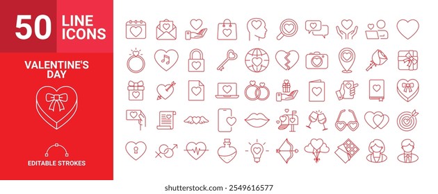 Set of 50 linear icons for Valentine's Day, love symbols, hearts, gifts, romantic messages, cupid, and festive elements in vector format.