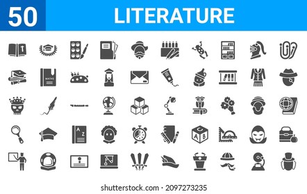 set of 50 literature web icons. filled glyph icons such as eugene onegin,religion,teacher,magnifying glass,yorick,graduate,graduated,desk lamp. vector illustration