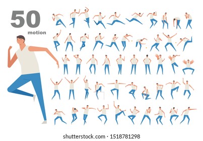 Set of 50 male character movements. flat design style minimal vector illustration.