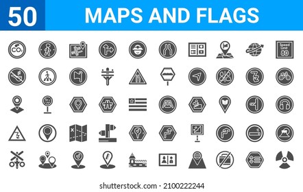 set of 50 maps and flags web icons. filled glyph icons such as radiactive,co2,rail crossing,electrocutation danger,locator,no smoking pipe,crossing zone,swings. vector illustration