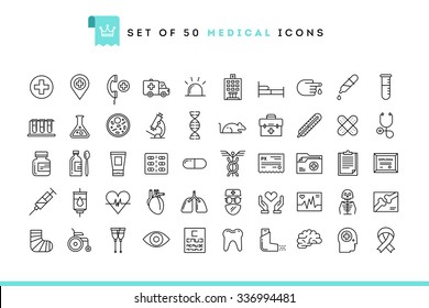 Set of 50 medical icons, thin line style, vector illustration 