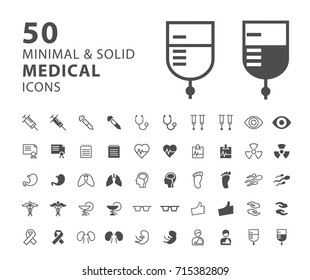 Set of 50 Medical Minimal and Solid Icons . Vector Isolated Elements