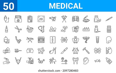 set of 50 medical web icons. outline thin line icons such as tag with a cross,perfusion,acid falling on hand,plastering,plasma,l,medical results folders,atomic structure. vector illustration